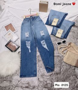 Quần jeans nữ lưng cao ống rộng màu xanh đẹp giá rẻ
