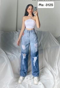 Quần jeans nữ lưng cao ống rộng màu xanh đẹp giá rẻ