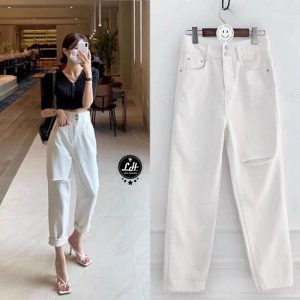 Quần baggy jean màu trắng rách gối Lê Huy fashion Ms 64