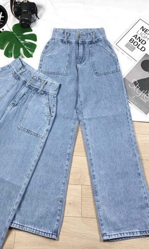 Quần ống rộng nữ quần jeans túi đắp vuông MS 062 màu xanh nhạt